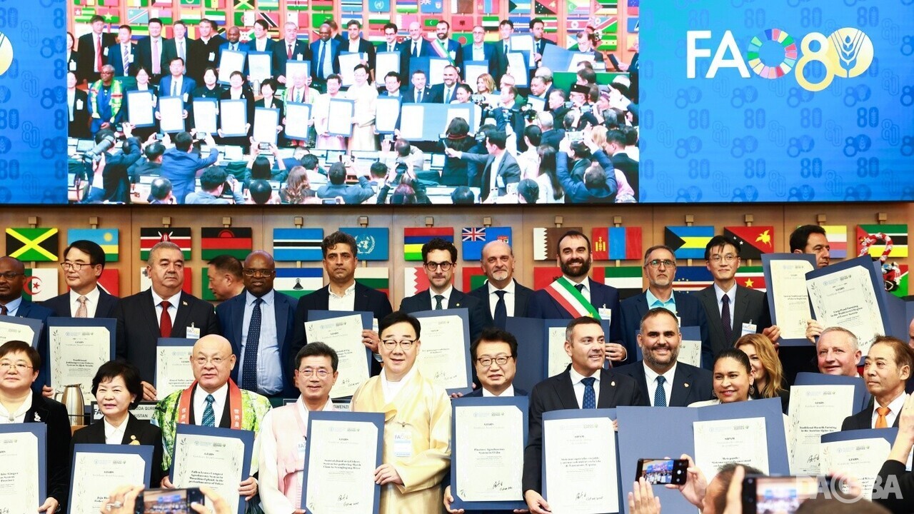 ▲세계중요농업유산 인증서 수여식.(경남도 제공)